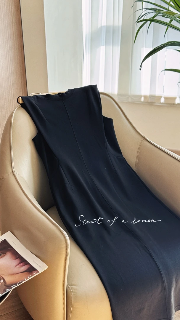 外单 高级感通勤百搭显瘦挺括感小黑无袖连衣裙N243