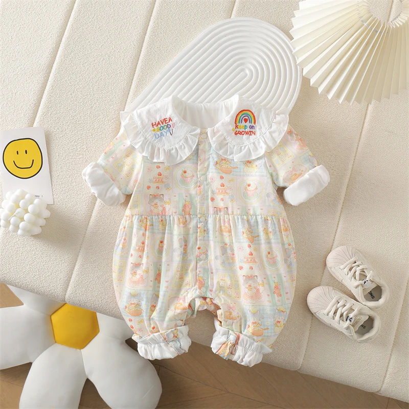 2025新款婴儿女宝宝春装衣服洋气花色双层满月外出服连体衣爬爬服