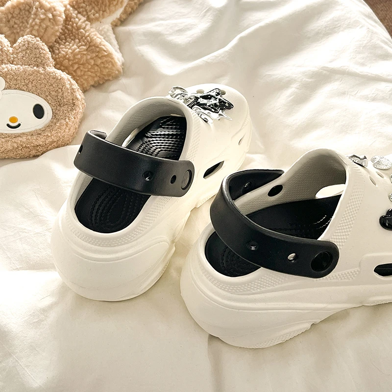 时尚亮片厚底洞洞鞋女夏季卡通坡跟凉鞋小个子增高可爱小熊包头拖