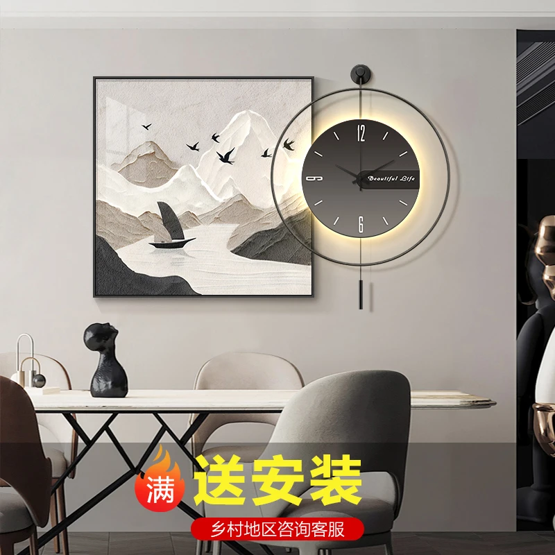 现代简约餐厅装饰钟表画高级感餐桌背景墙挂钟画山峰创意客厅时钟