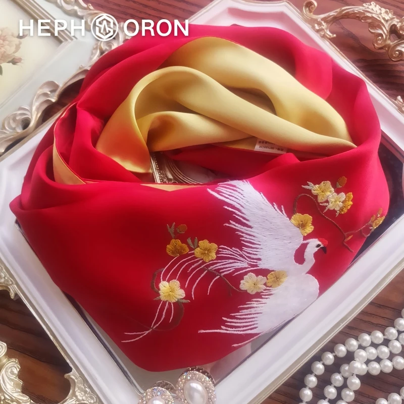 HEPHSORON苏绣丝巾礼盒送妈妈红色凤凰刺绣高级感桑蚕丝真丝围巾