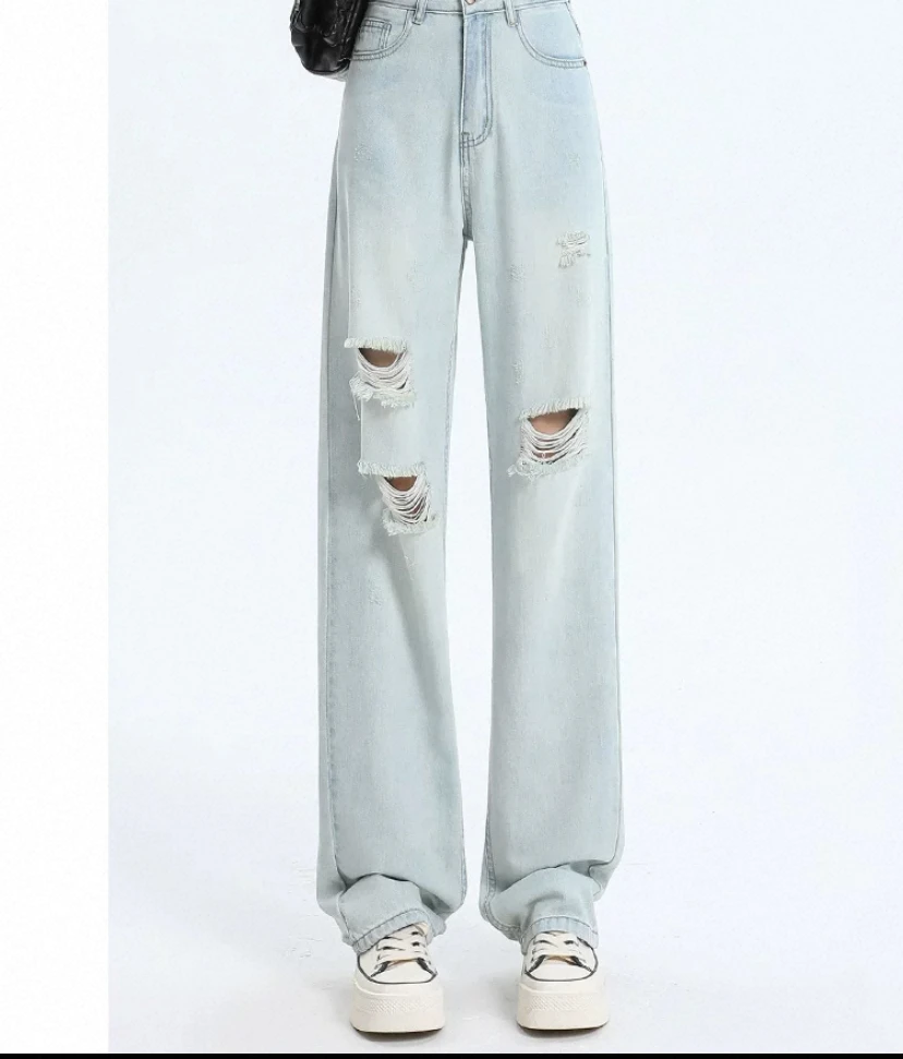 【影姐宠粉】新款破洞高腰宽松显瘦牛仔裤5017