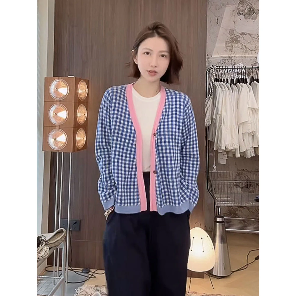 【MGDM】45*日系纯棉格子针织衫女V领慵懒风上衣春夏百搭长袖薄开衫