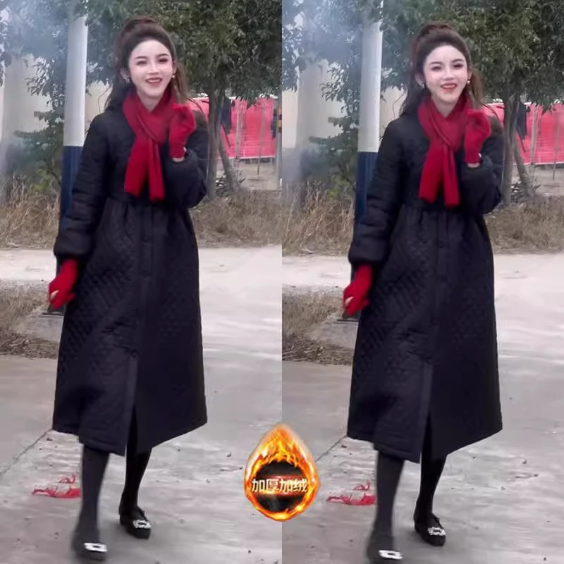 时尚加绒棉服女中长款冬季百搭加厚棉衣爆款通勤遮肚减龄菱格大衣