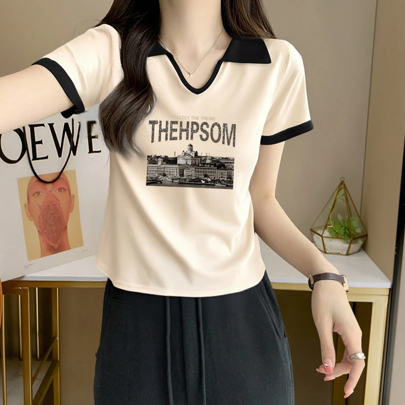 纯欲风辣妹修身显瘦短袖T恤女士夏季设计感撞色翻领洋气减龄上衣