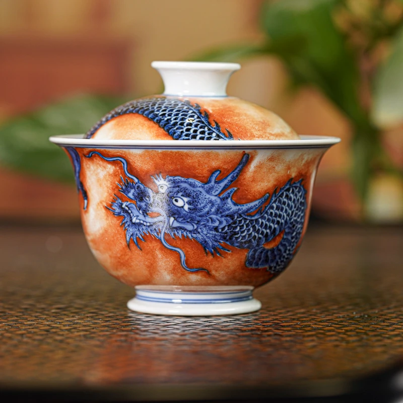 【墨舍柴窑】墨舍柴窑矾红霸王龙盖碗 moshe1390景德镇茶具茶道手工