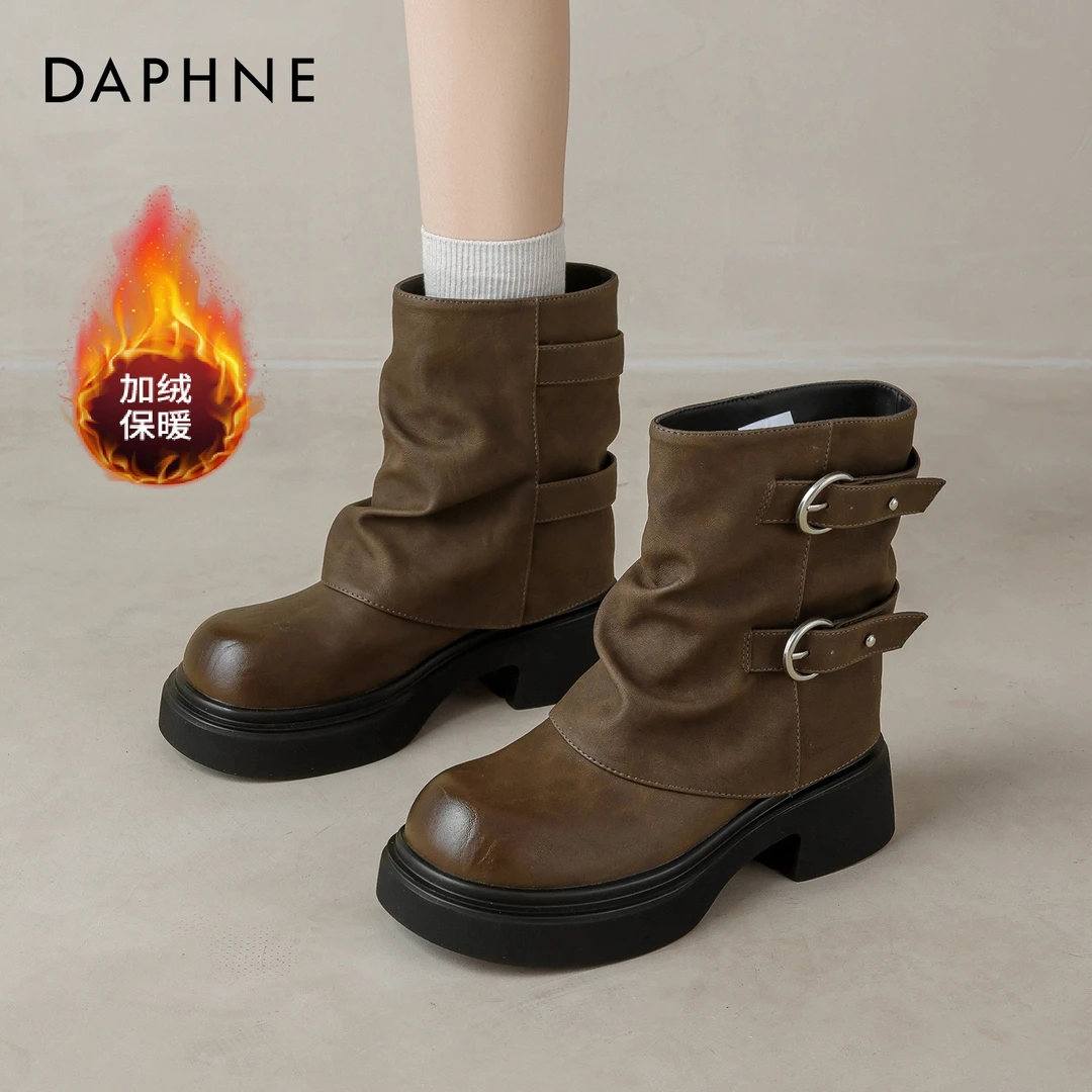 达芙妮加绒马丁靴女2025新款冬季厚底雪地靴褶皱堆堆保暖加厚短靴