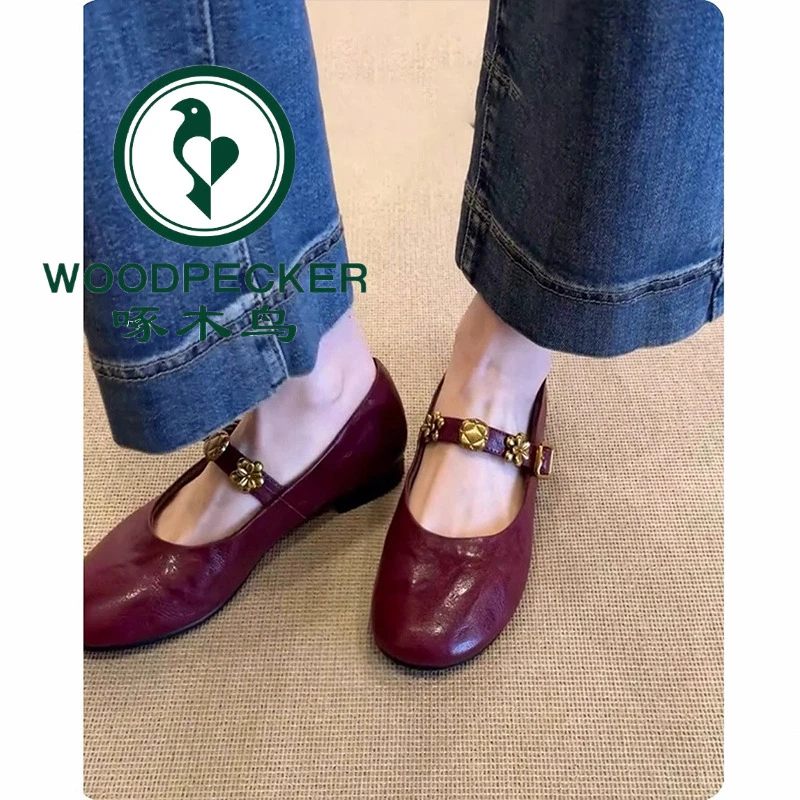 啄木鸟小香风平底复古一字带玛丽珍鞋女秋冬季圆头浅口单鞋小皮鞋
