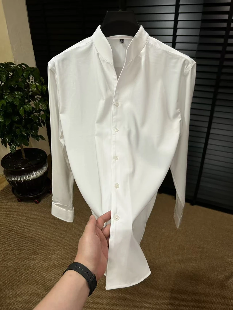 秋季新款男士V领长袖休闲韩版修身纯色衬衣简约百搭白衬衫白色