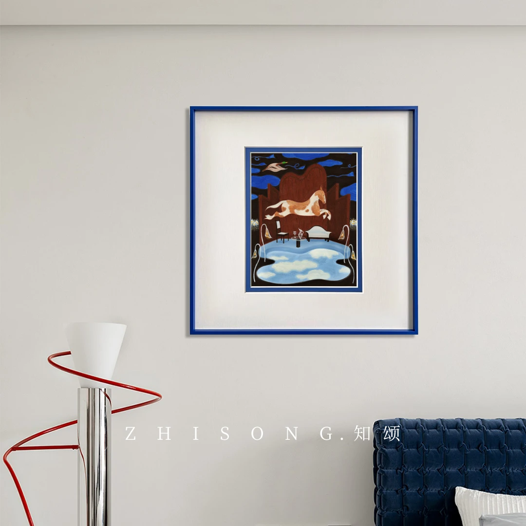 以梦为马 小众设计蓝色马图案包豪斯客厅咖啡室儿童卧室艺术挂画