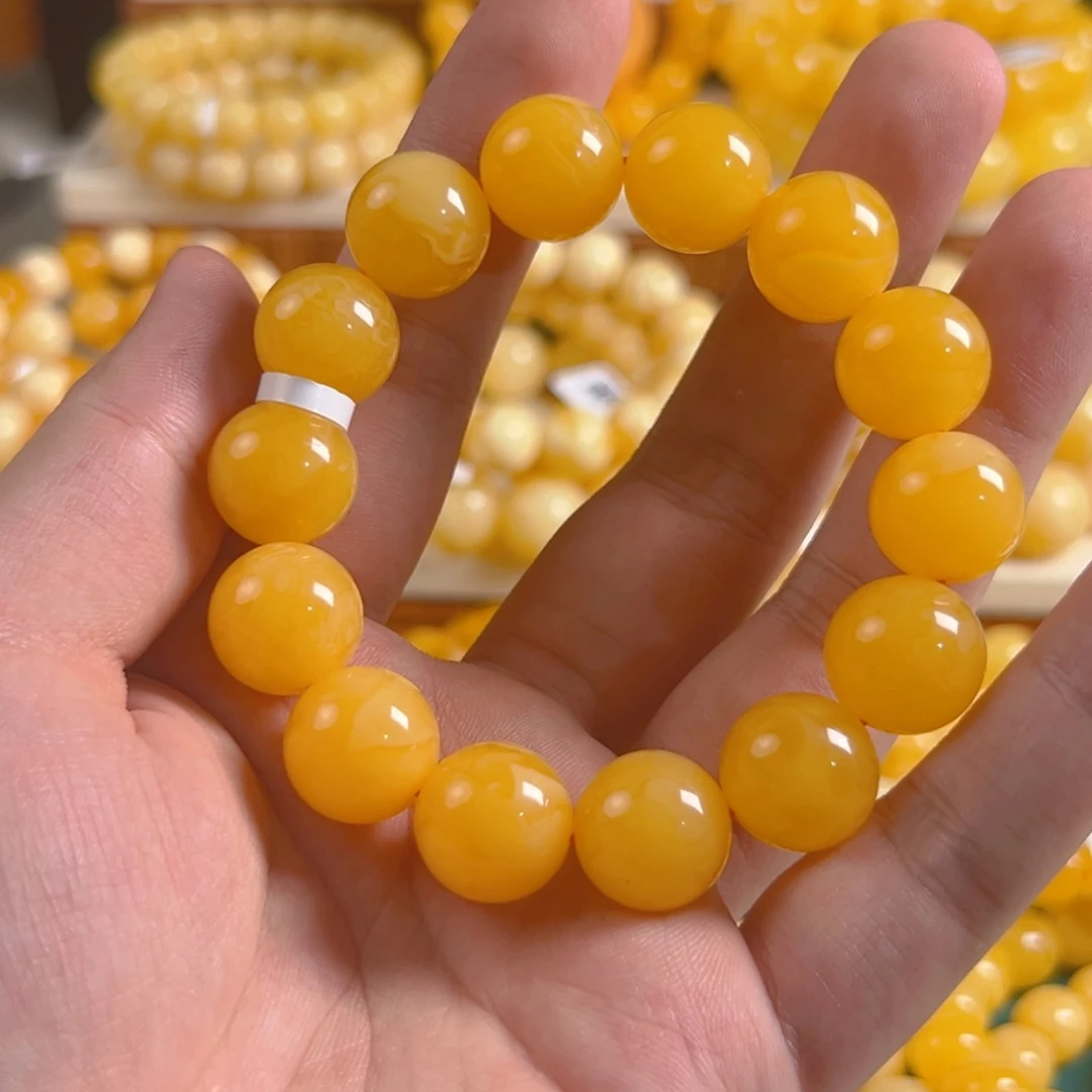 手链琥珀未镶嵌鸡油红圆珠 15mm 27.65g hh