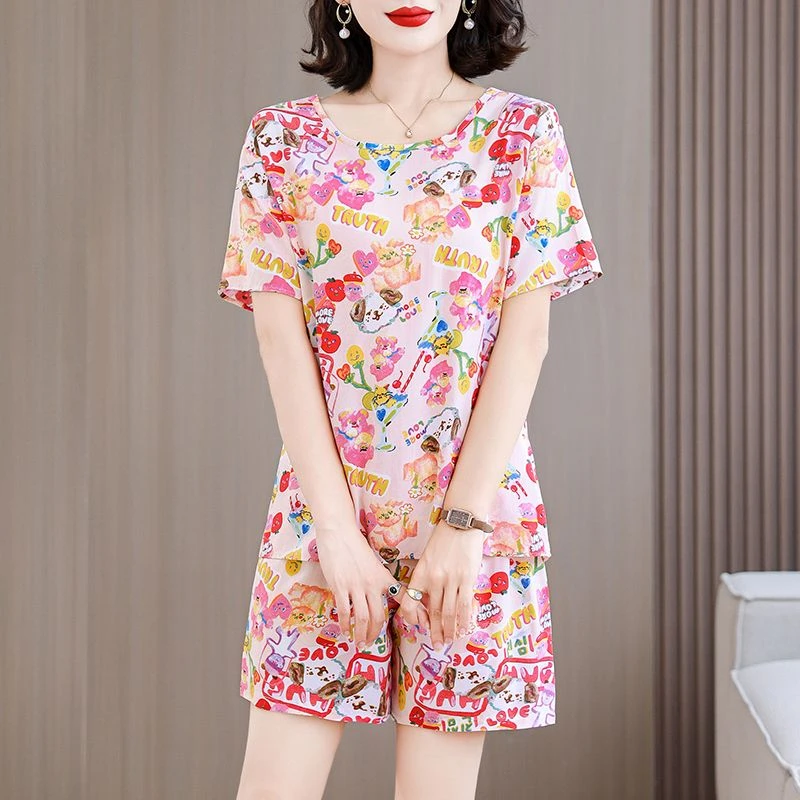 洋气棉绸短裤套装夏季新款时尚宽松外穿显瘦休闲人造棉短袖两件套