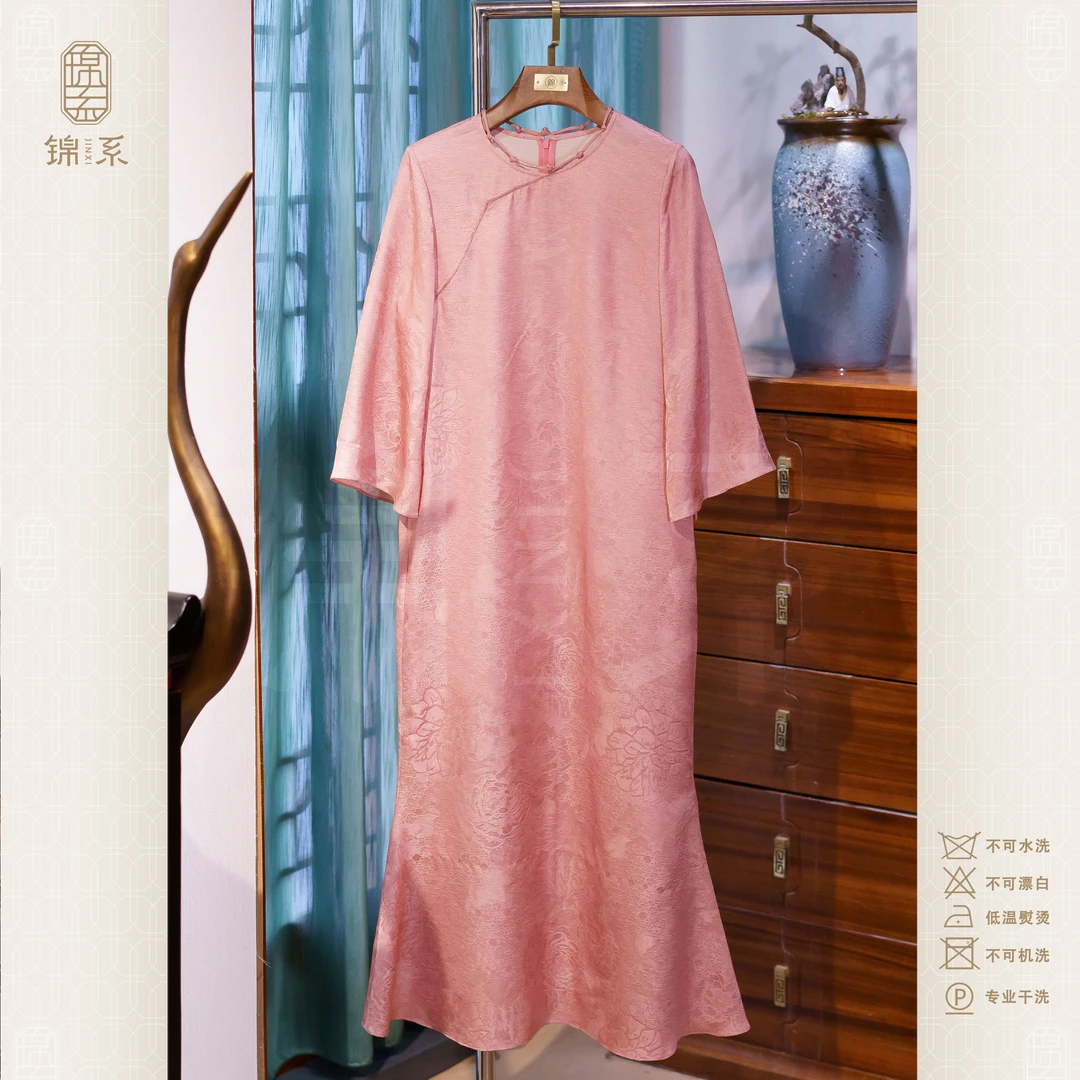 【锦系~新款】真丝新中式国风桑蚕丝圆领斜襟八分袖连衣裙-382637