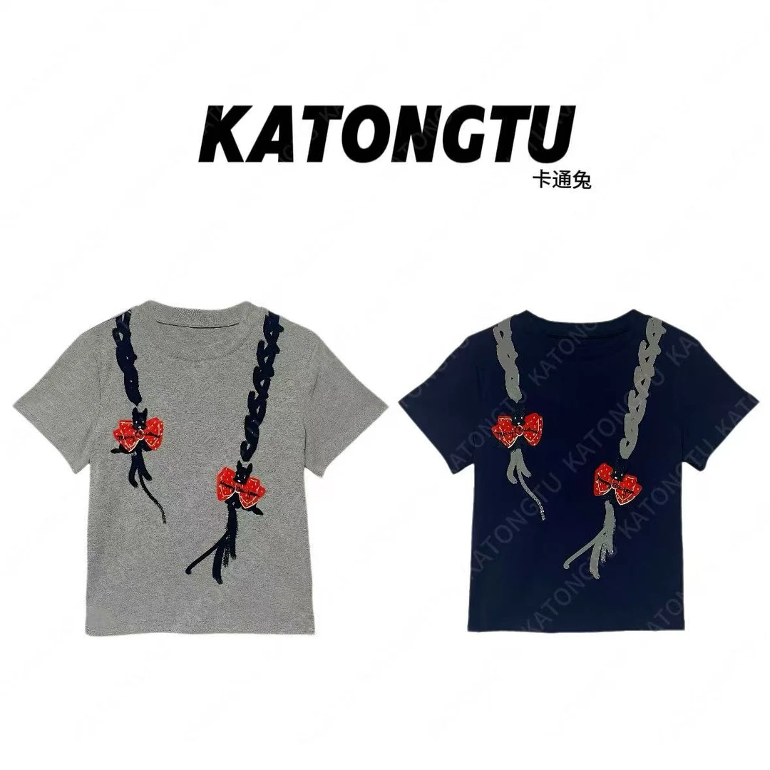 KATONGTU 【蝴蝶狗狗T】25新款纯色立体刺绣百搭短袖T恤 DM2505077