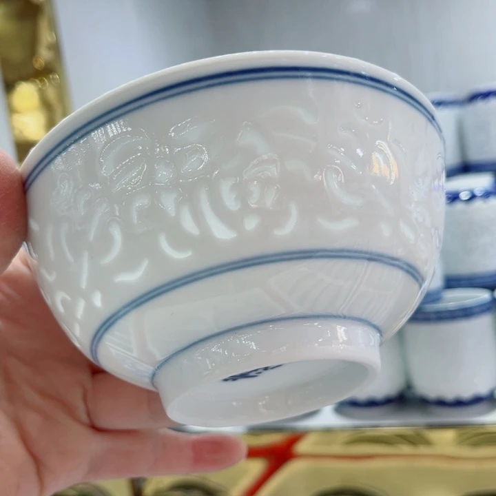 青花玲珑5寸饭碗满雕双福双线