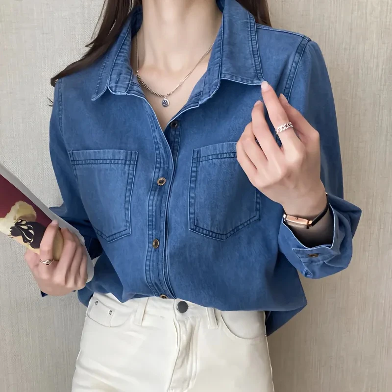PERIKAS288复古牛仔衬衣宽松长袖中长款叠穿衬衫设计感小众长袖女