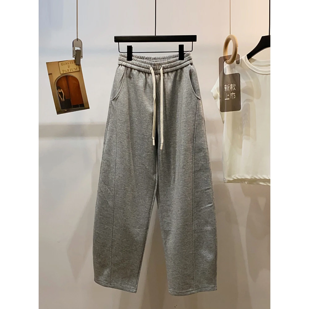 纯色松紧腰休闲卫裤女2025春秋宽松显瘦美式直筒空气层阔腿弯刀裤