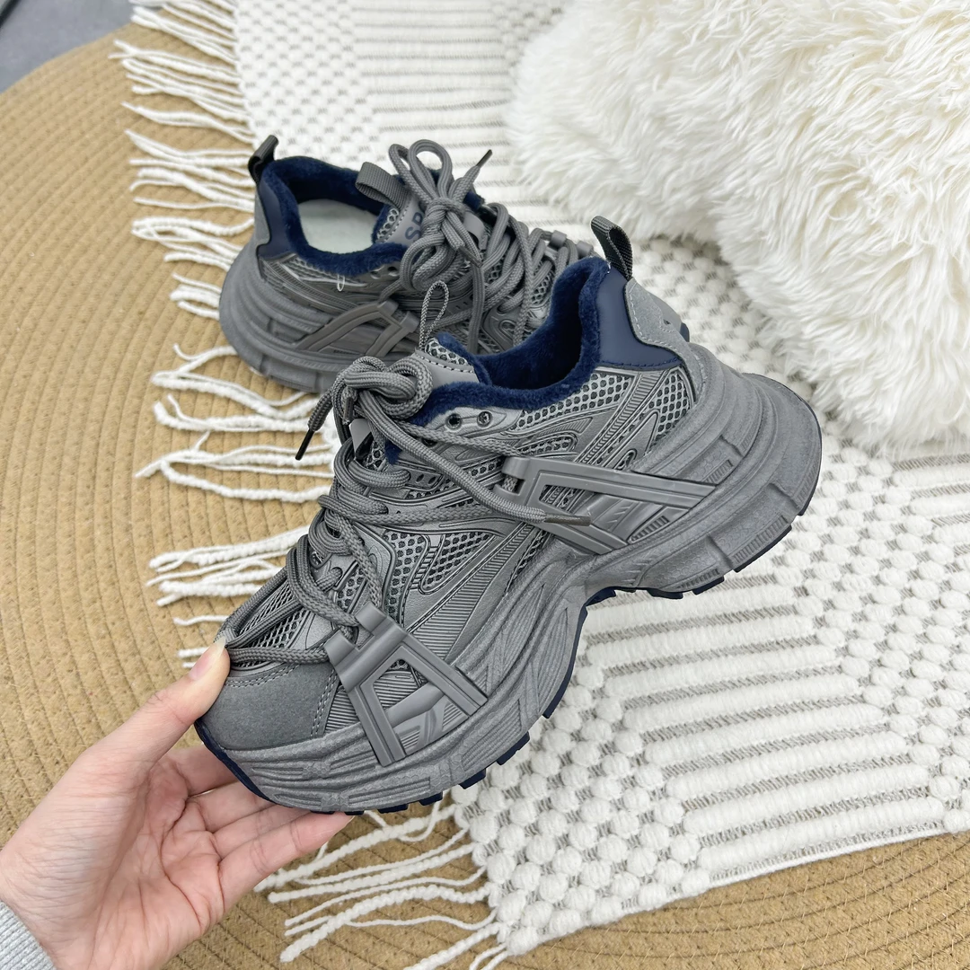 1801蓝色加绒老爹鞋女新款秋冬鞋子百搭厚底增高时尚休闲运动鞋