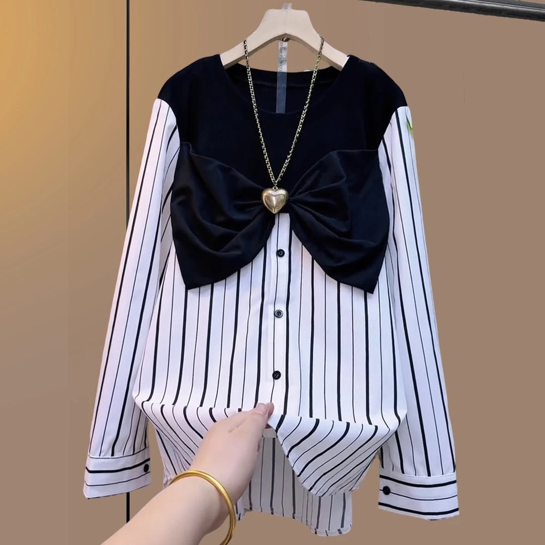 春季新款条纹宽松娃娃领胖妹妹遮肉显瘦宽松上衣打底衫休闲百搭