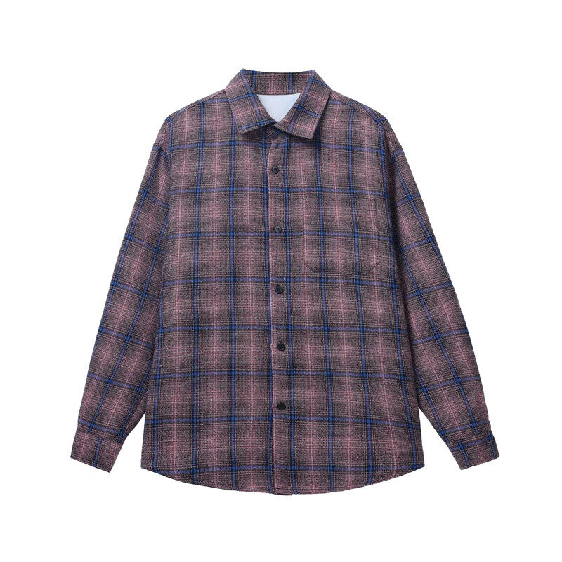 日系格纹复古长袖衬衫男款春秋宽松百搭休闲慵懒风衬衣外套大码