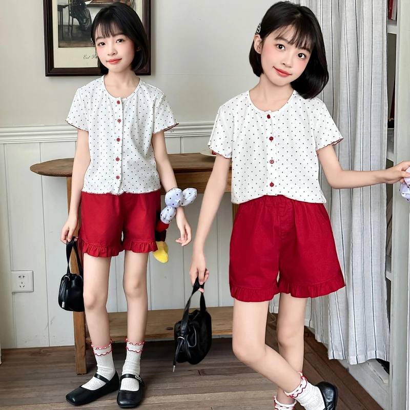 女童夏装圆点短袖套装2025新款中大童夏季6-12岁短裤时髦两件套潮