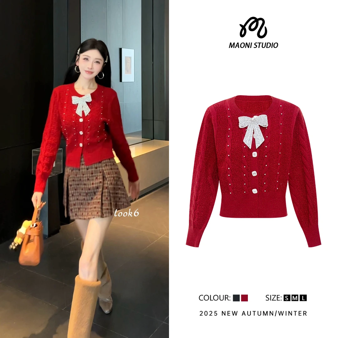 毛妮LADIESFIRST法式重工钉珠蝴蝶结开衫针织衫短款显瘦毛衣L2925