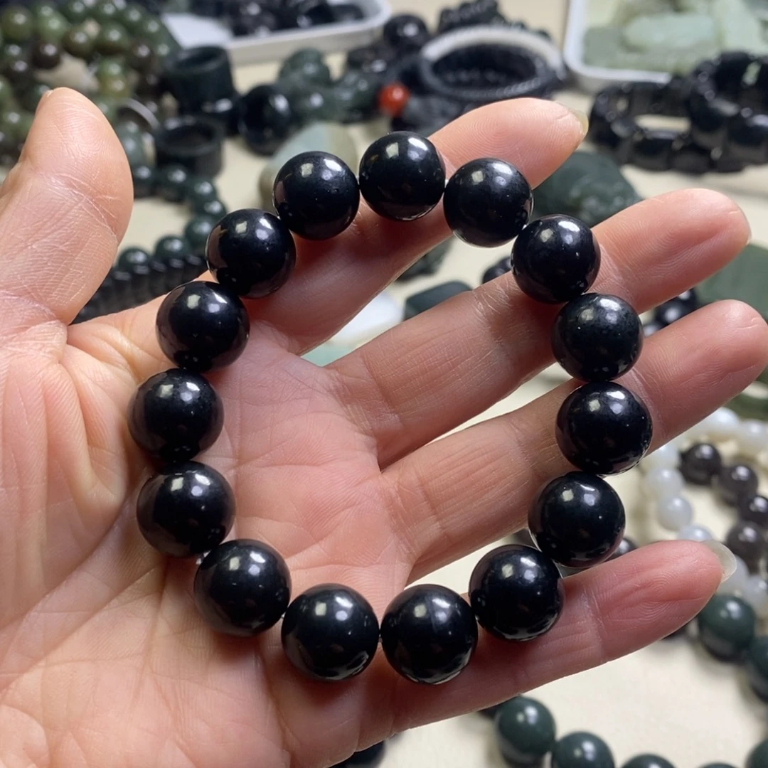 和田玉未镶嵌手链新疆和田黑青玉卡14圆珠手串