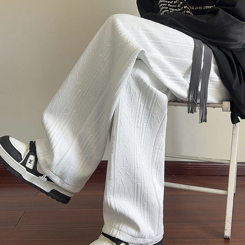 2025潮流字母纹理提花休闲裤男百搭宽松阔腿美式裤子男休闲长裤潮