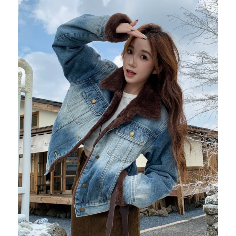 美式复古翻领水牛仔外套拼接秋冬加绒加厚高级气质款式2263