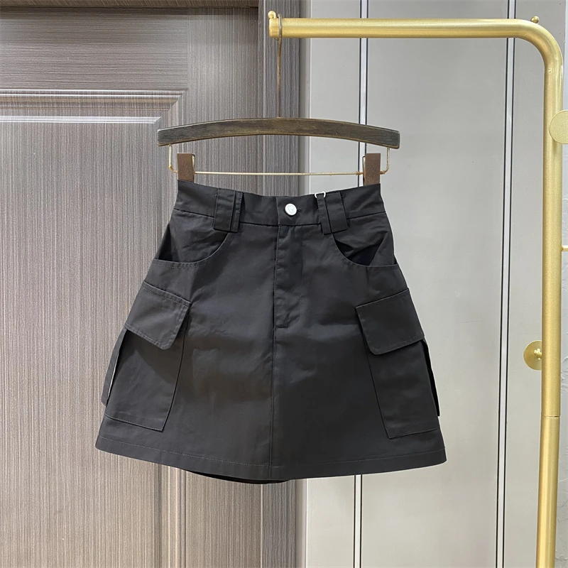 2025夏季新款黑色休闲半身裙高腰显瘦侧边口袋工装a字短裙防走光