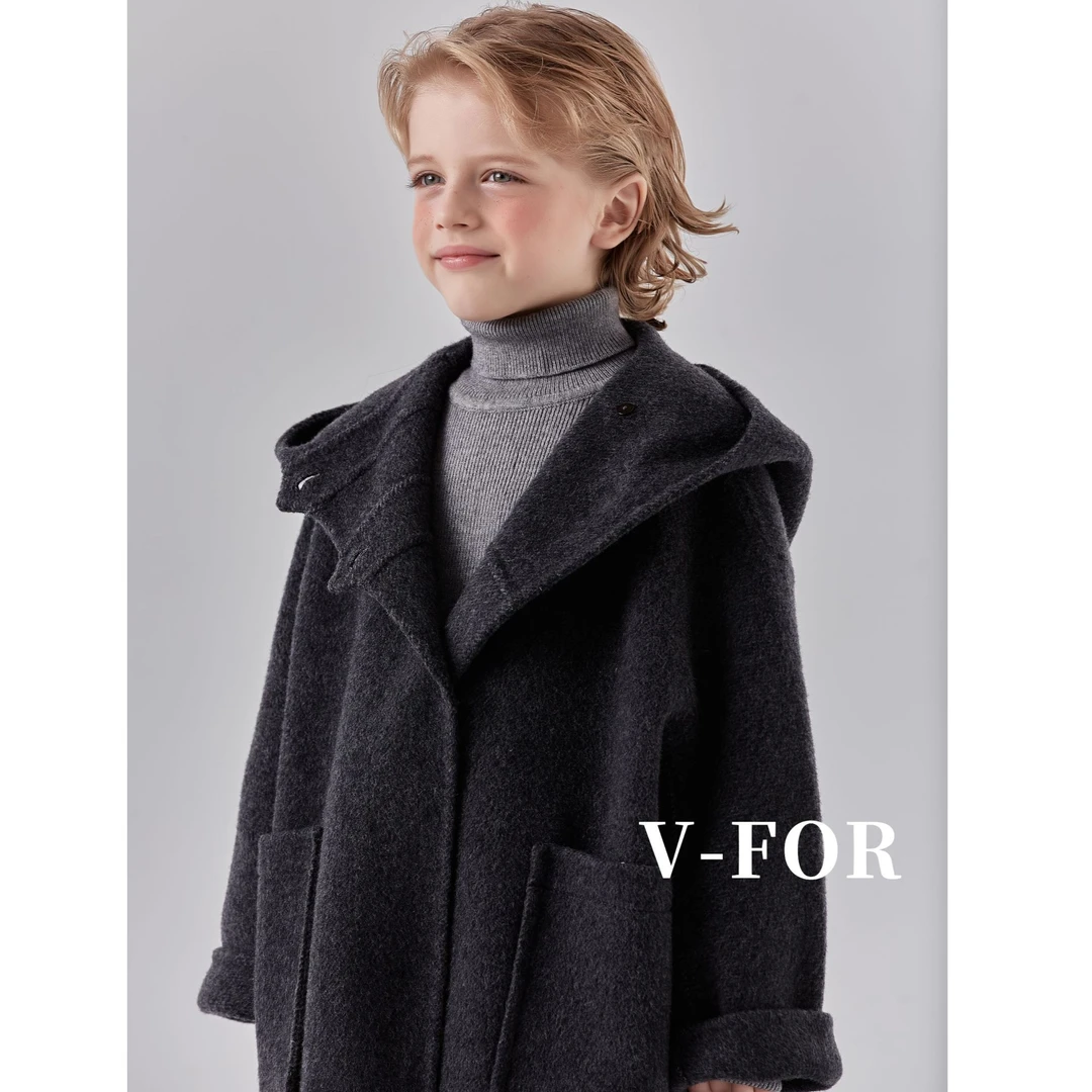 V-for绵羊毛休闲呢大衣冬季暗扣女双面呢中长款纯色英伦风男亲子