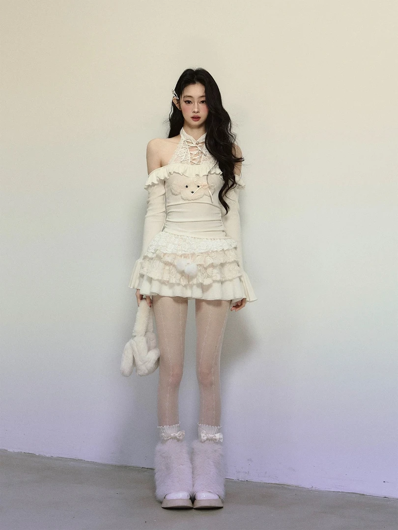 木耳边假两件甜辣蕾丝针织衫女秋冬长袖显瘦上衣