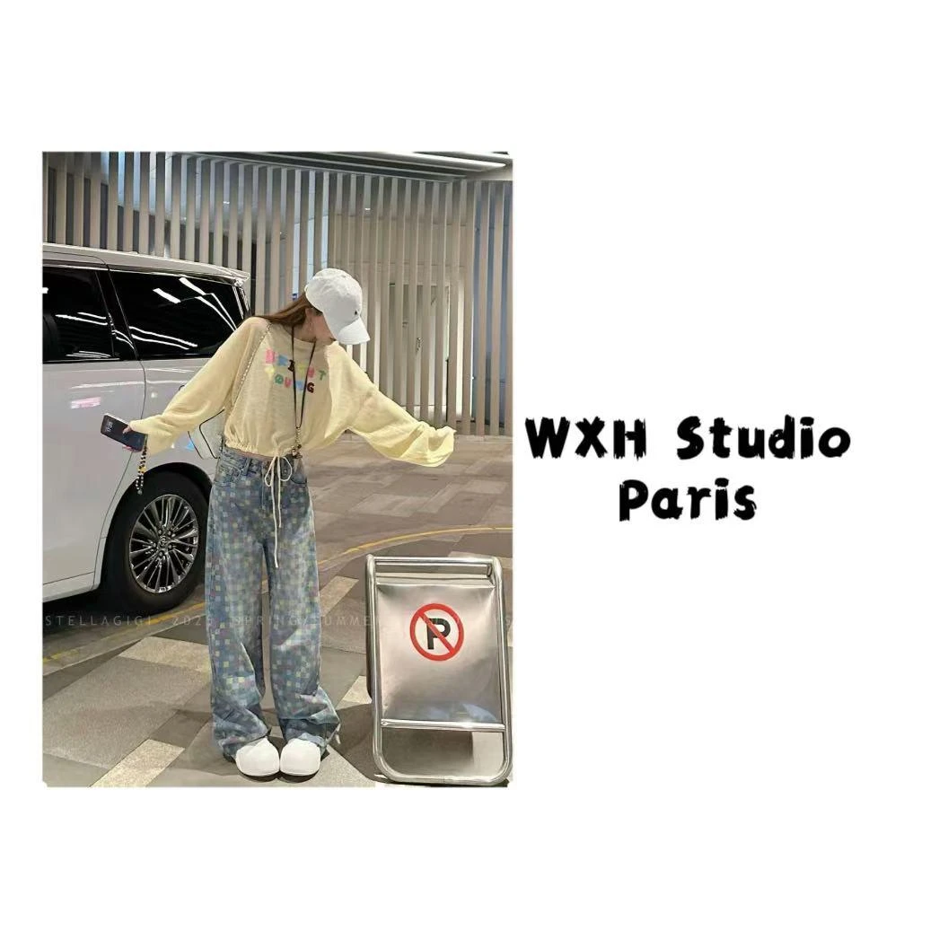 彩色棋盘格女款直筒牛仔裤