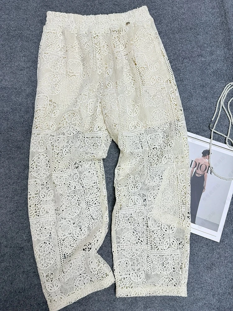 Momo2025夏季百搭高级新中式国风镂空蕾丝休闲裤白色蕾丝长裤