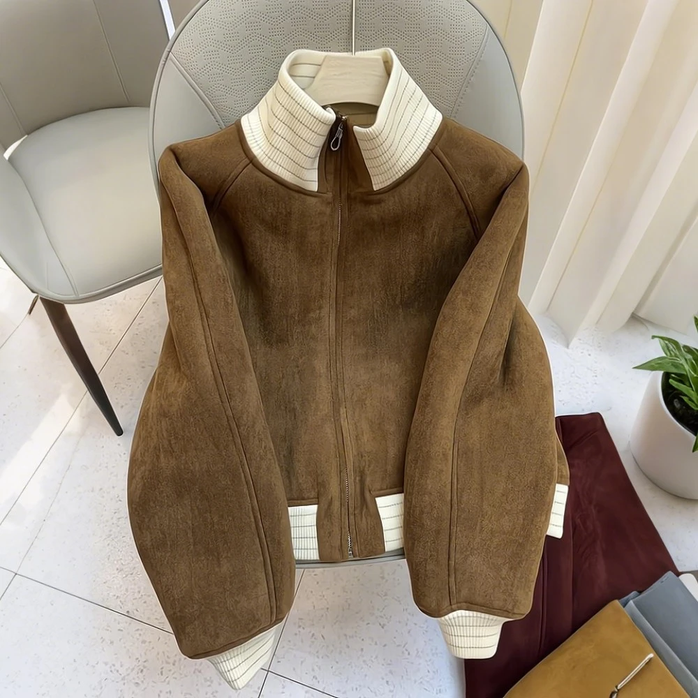 美拉德咖色立领拼接拉链外套女冬季加厚设计感宽松遮肉短夹克上衣