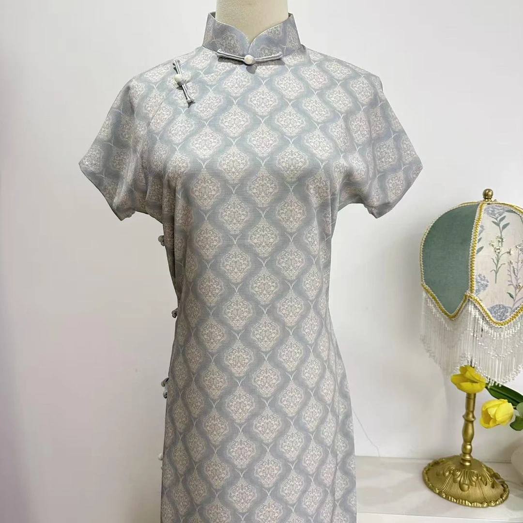 菱格纹竹节麻全开襟旗袍裙