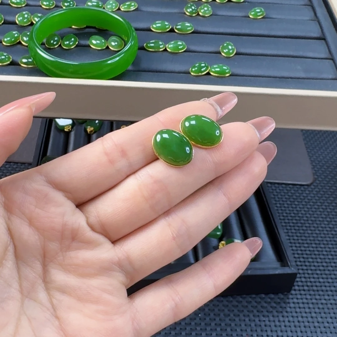 和田玉（碧玉）银S925镶嵌耳饰