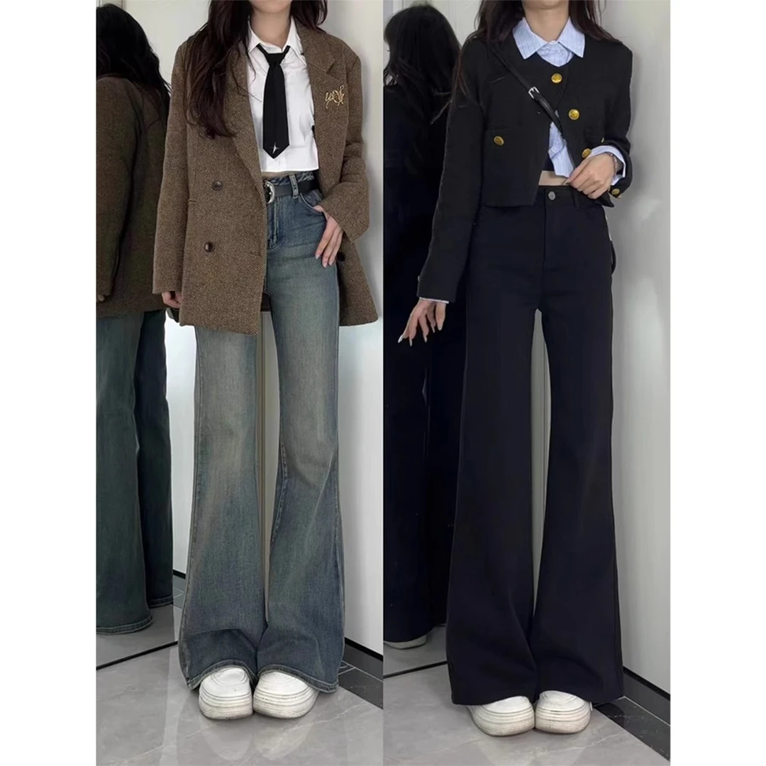 黑色高腰微喇牛仔裤女2025春季新款小个子弹力显瘦垂感百搭喇叭裤