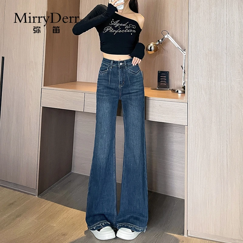 MirryDerr/弥笛时尚毛边微喇牛仔裤女2025秋季新款高腰显瘦喇叭裤