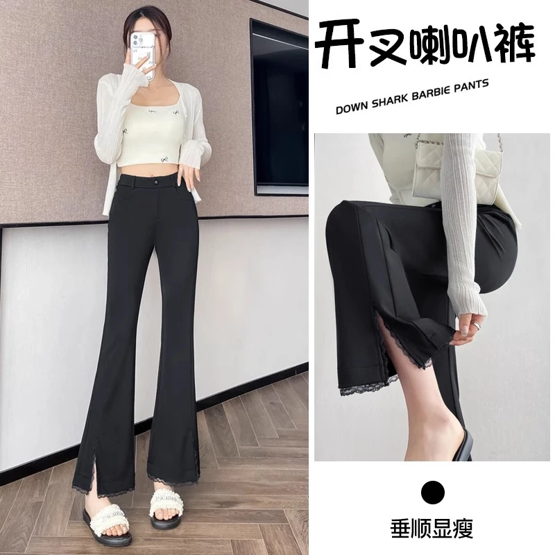 骚在脚裸丨蕾丝开叉微喇叭裤女夏季薄款高腰修身显瘦九分休闲裤子