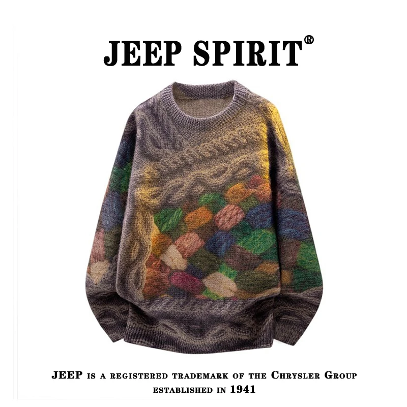 JEEP SPIRIT痞帅潮流毛衣秋冬针织印花休闲上衣轻奢百搭男生衣服