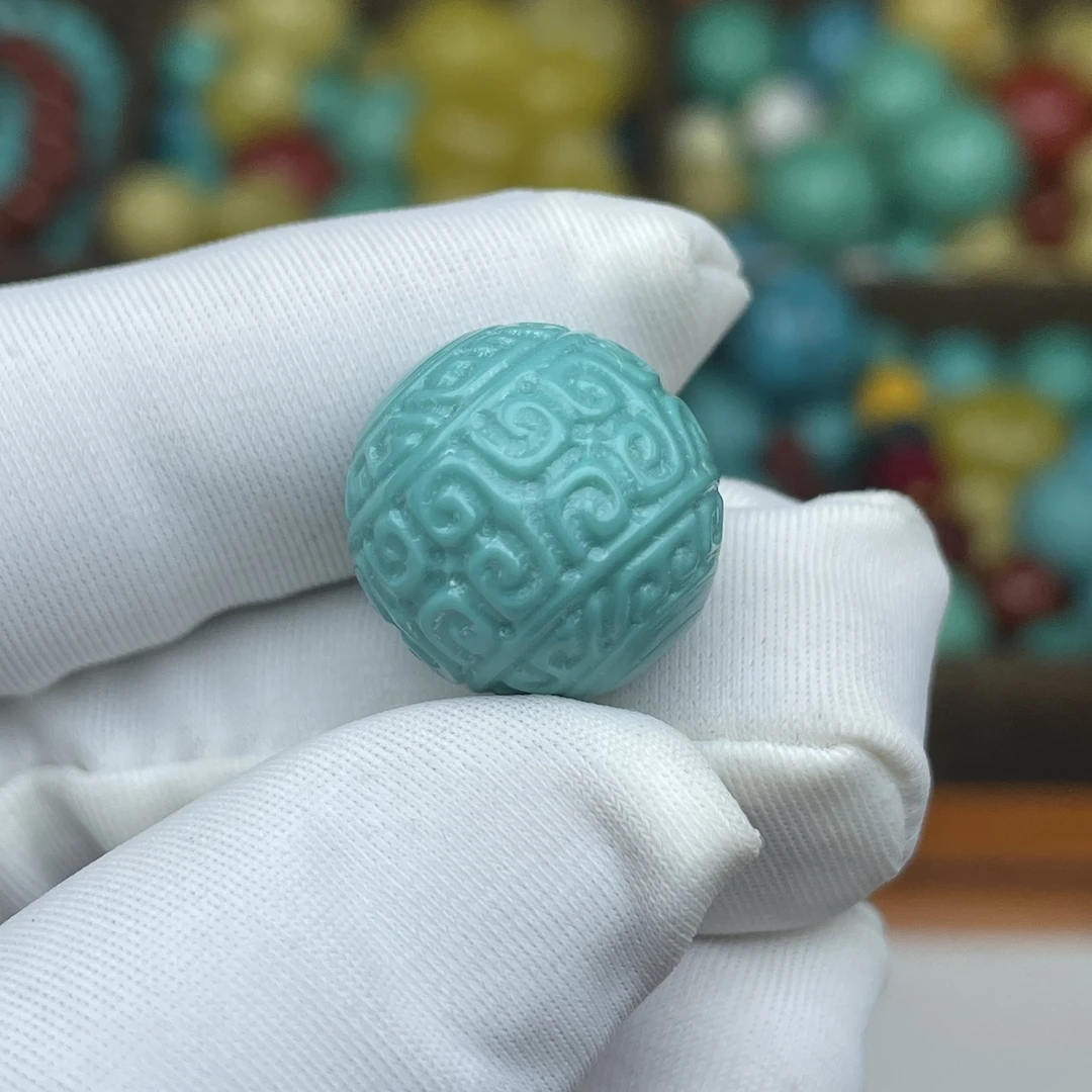 【A07】16mm回纹珠高瓷绿满工精雕散珠文玩顶珠配珠配饰DIY手串配件