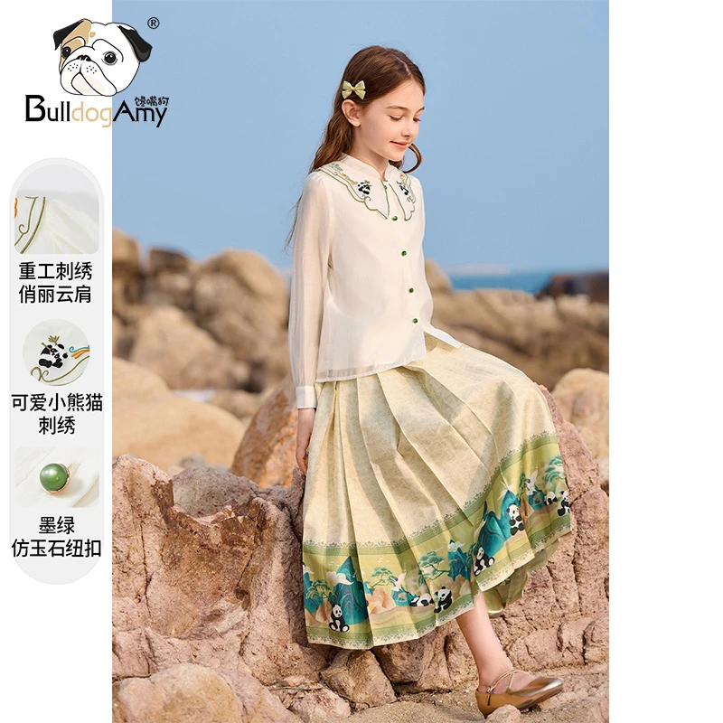 女童新中式云间刺绣立领衬衫2025春季新款儿童国风长袖上衣小女孩