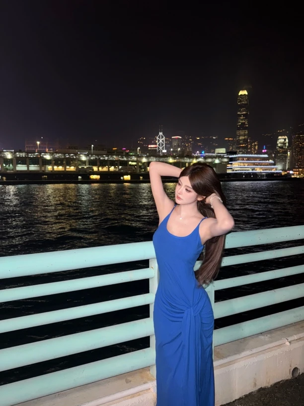 FAY【海港漫步】美式复古沙漏腰克莱因蓝侧开叉修身收腰吊带裙