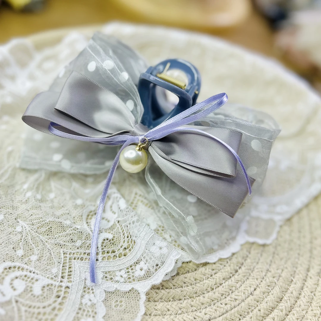 HC0425 灰色波点纱纱仙女气质蝴蝶结大抓夹（13cm）