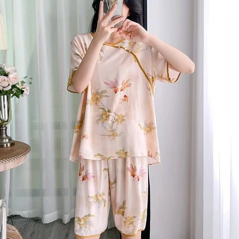 棉绸新中式夏季睡衣女短袖短裤人造棉薄款宽松甜美家居服套装