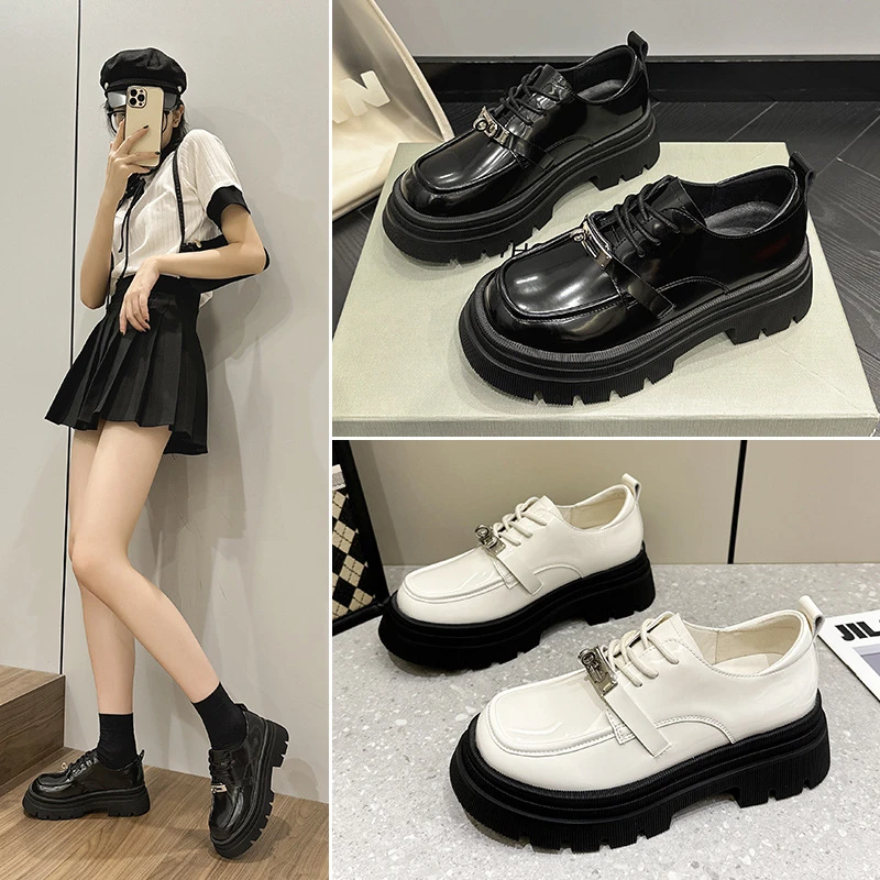 圆头内增高纯色乐福鞋学院日系粗跟鞋子百搭复古春秋厚底黑色