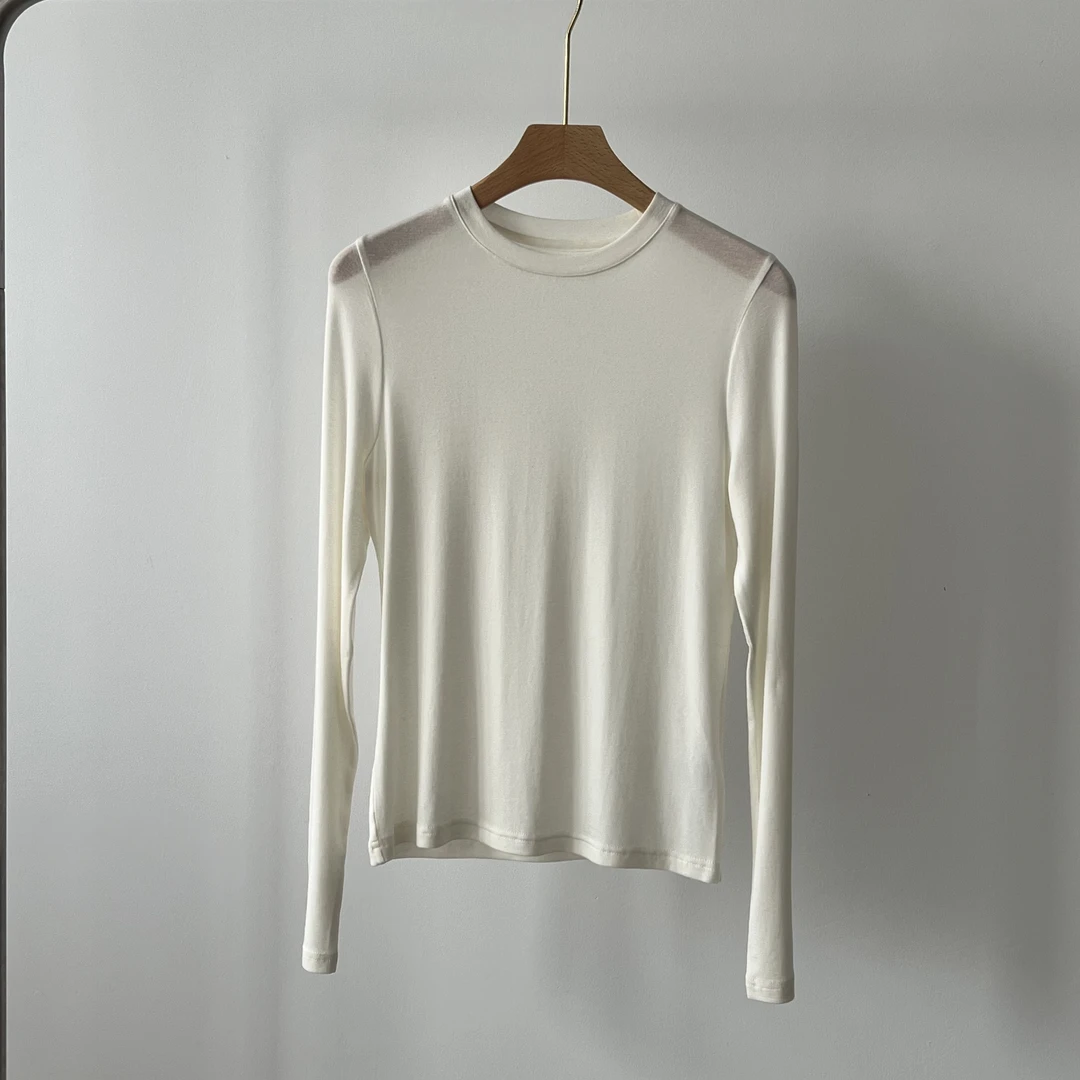 桑蚕丝山羊绒面膜T圆领显瘦基础内搭衫白色打底衫修身薄款长袖