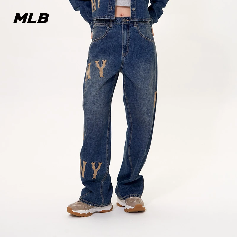 MLB官方女款流光风潮流百搭刺绣LOGO弯刀牛仔长裤25秋季新款DPG02