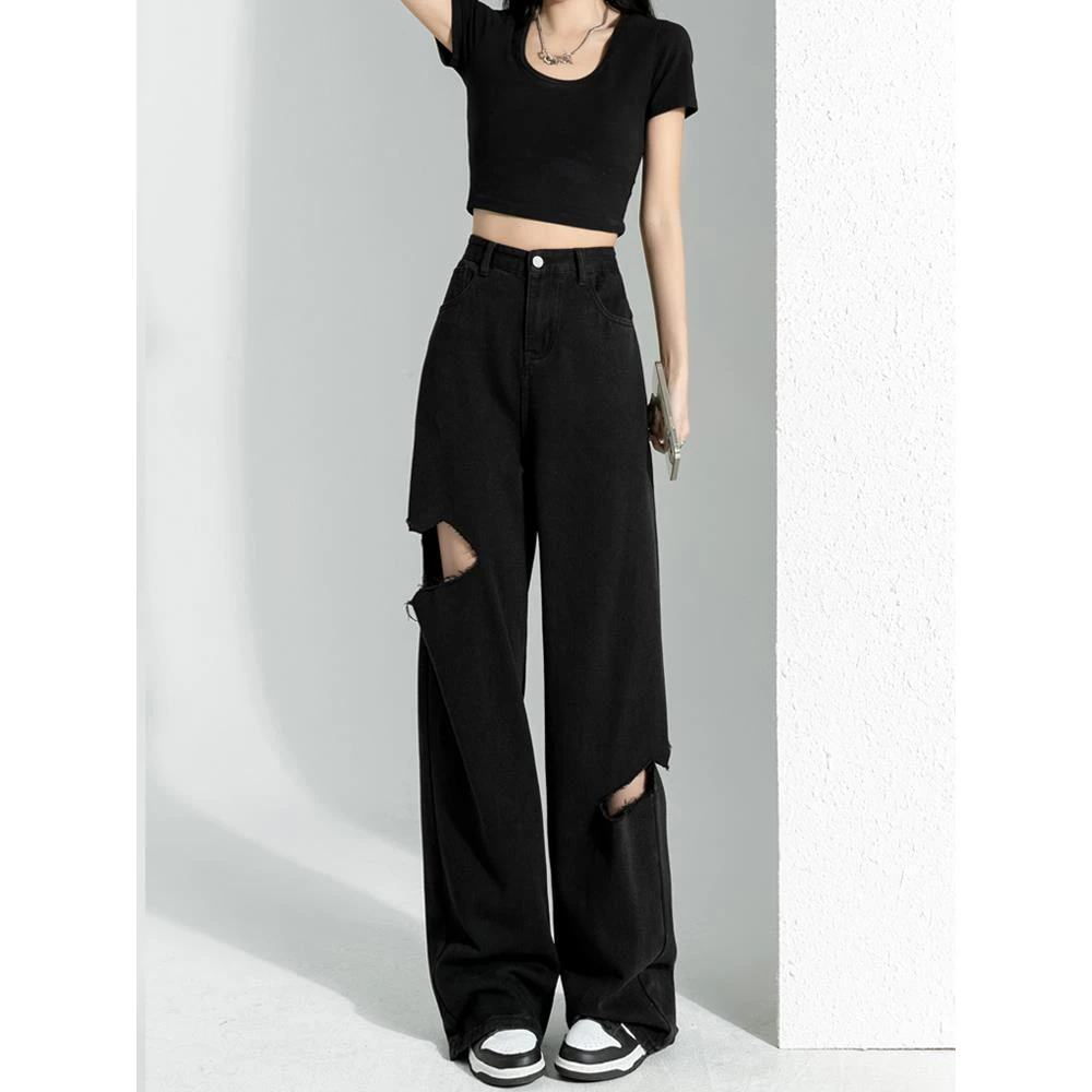 破洞牛仔女黑色夏季美式高街宽松直筒裤垂感小个子显瘦阔腿长裤子